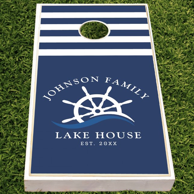 Nautical Blue Wave Navy Lake House Ship Helm Boat Cornhole Set (Nautical Blue Wave Navy Lake House Ship Helm Boat Cornhole Set)