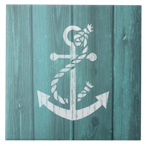 Nautical Blue Weatherboard Anchor Design Ceramic Tile