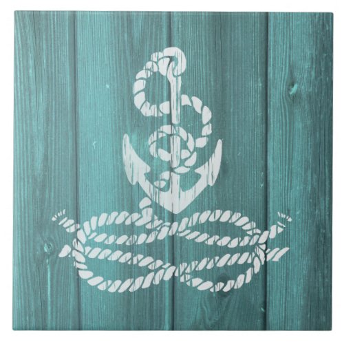 Nautical Blue Weatherboard Rope and Anchor Design Ceramic Tile