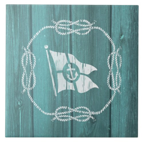 Nautical Blue Weatherboard Rope and Flag Design Ceramic Tile