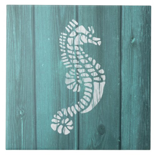 Nautical Blue Weatherboard Seahorse Design Ceramic Tile