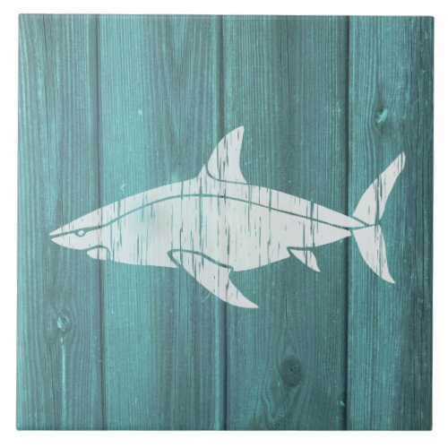 Nautical Blue Weatherboard Shark Design Ceramic Tile