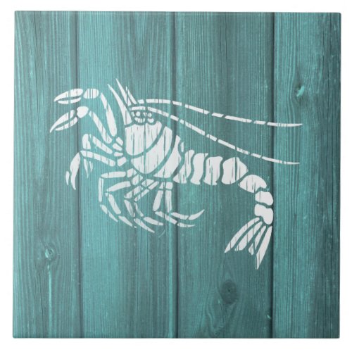 Nautical Blue Weatherboard Shrimp Design Ceramic Tile
