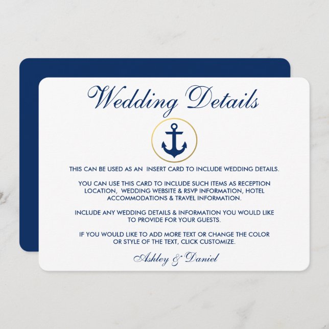 Nautical Blue Wedding Details Insert Invitation (Front/Back)