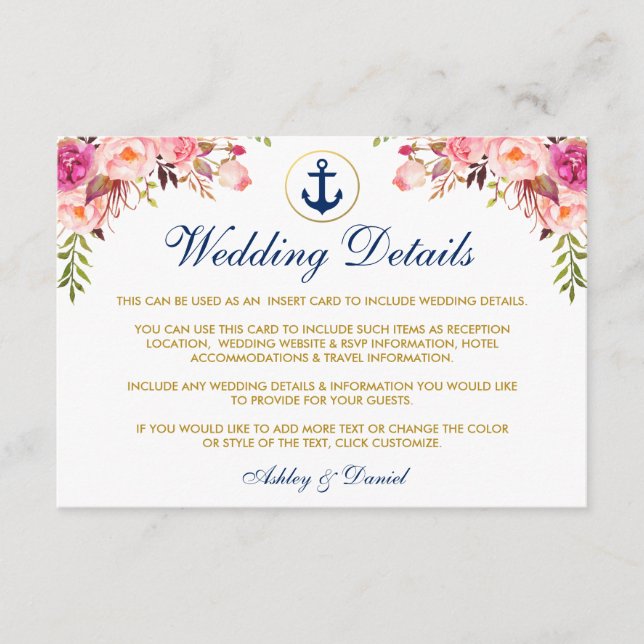 Nautical Blue Wedding Floral Details Insert Card (Front)