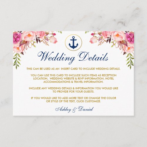 Nautical Blue Wedding Floral Details Insert Card