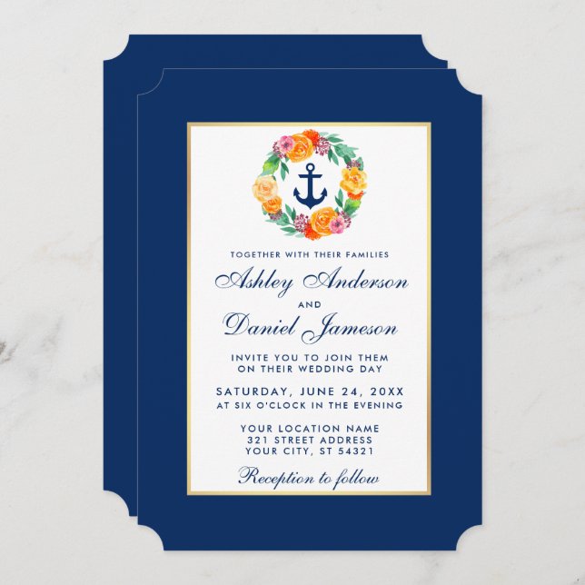 Nautical Blue Wedding Floral Invitation B (Front/Back)