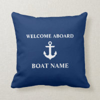 Nautical Blue Welcome Aboard Boat Name Navy Blue Throw Pillow
