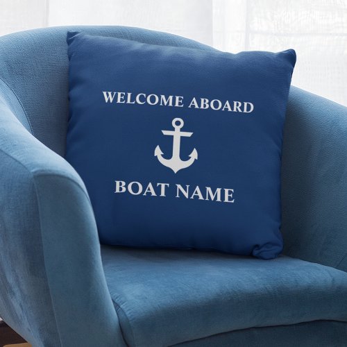 Nautical Blue Welcome Aboard Boat Name Navy Blue Throw Pillow