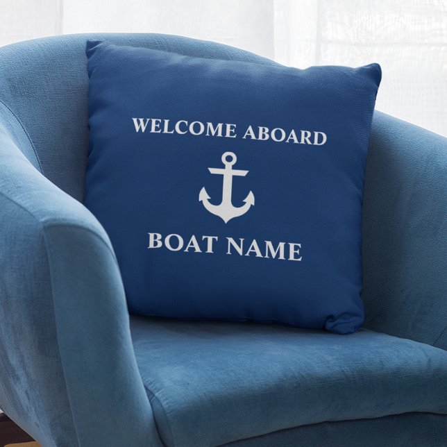 Nautical Blue Welcome Aboard Boat Name Navy Blue Throw Pillow (Customize to change text size or text style.)