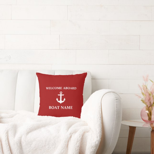 Nautical Blue Welcome Aboard Boat Name Red Throw Pillow (Couch)