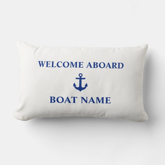 Nautical Blue Welcome Aboard Boat Name White Lumbar Pillow (Front)
