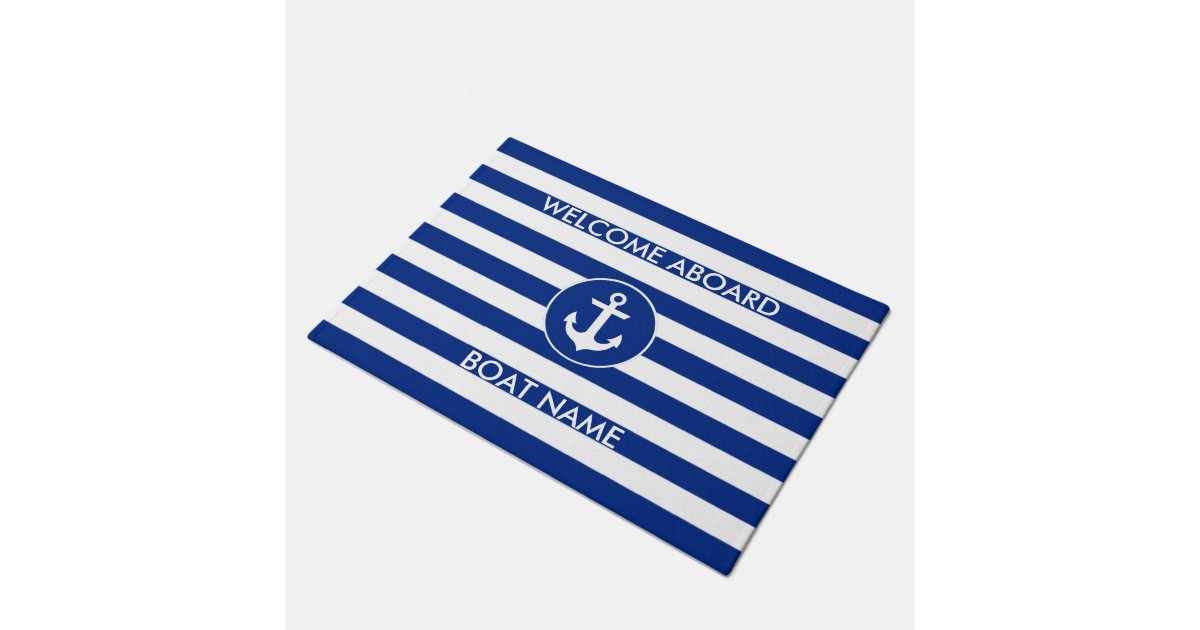 Nautical Blue Welcome Boat Name Striped Door Mat Zazzle Com