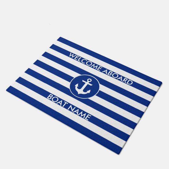 Nautical Blue Welcome Boat Name Striped Door Mat (Angled)