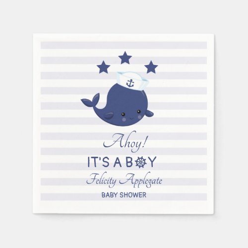 Nautical Blue Whale Ahoy Boy Baby Shower Napkins