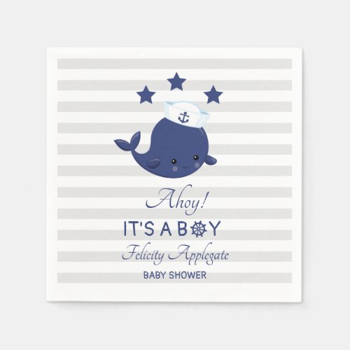 Nautical Blue Whale Ahoy Gray Boy Baby Shower Napkins