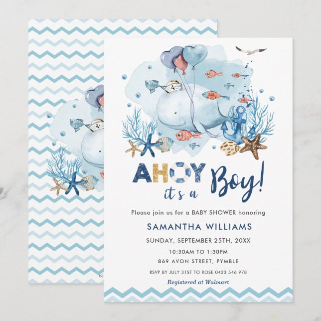 Nautical Blue Whale Ahoy It's a Boy Baby Shower Invitation (Front/Back)