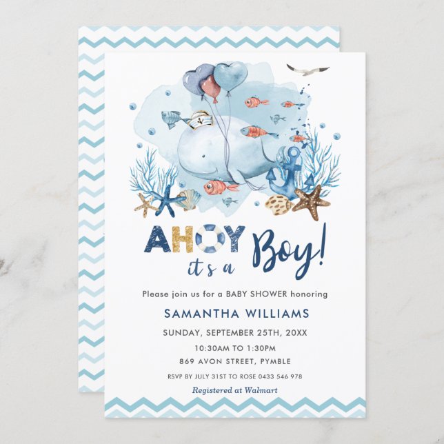 Nautical Blue Whale Ahoy It's a Boy Baby Shower Invitation (Front/Back)
