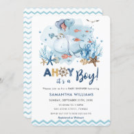 Nautical Blue Whale Ahoy It's a Boy Baby Shower Invitation