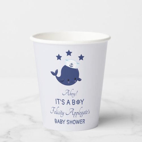 Nautical Blue Whale Ahoy Its A Boy Baby Shower Paper Cups