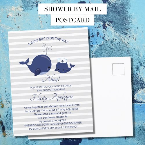 Nautical Blue Whale Boy Baby Shower By Mail Invitation Postcard