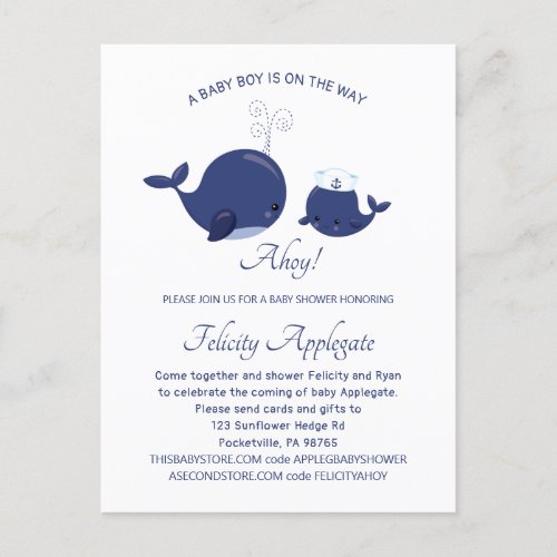 Nautical Blue Whale Cute Boy Baby Shower Invitation Postcard