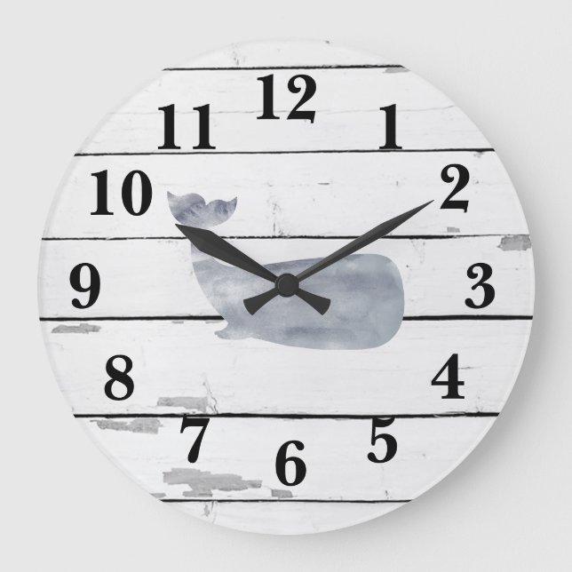 Nautical Blue Whale Shiplap Rustic Decor Large Clock (Front)