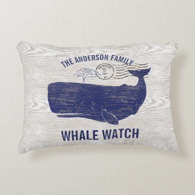 Nautical Blue Whale Watch Coastal Family Name Accent Pillow (Front)