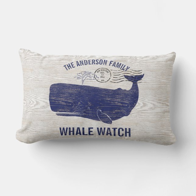 Nautical Blue Whale Watch Coastal Family Name Lumbar Pillow (Front)
