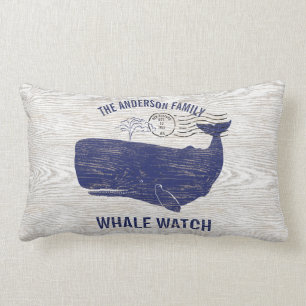 Nautical Blue Whale Watch Coastal Family Name Lumbar Pillow