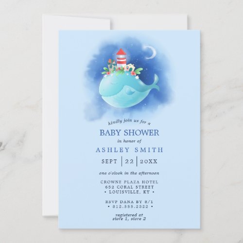 Nautical Blue Whale Watercolor Boy Baby Shower Invitation