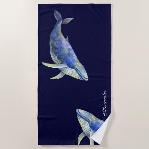 Nautical  Blue Whale Watercolor White Wood Name  B Beach Towel