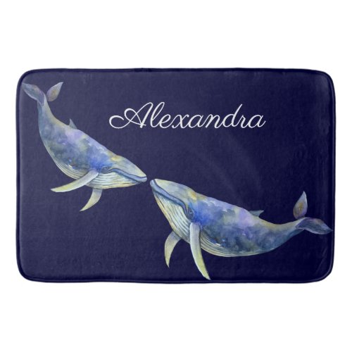 Nautical  Blue Whale Watercolor White Wood Name Bath Mat