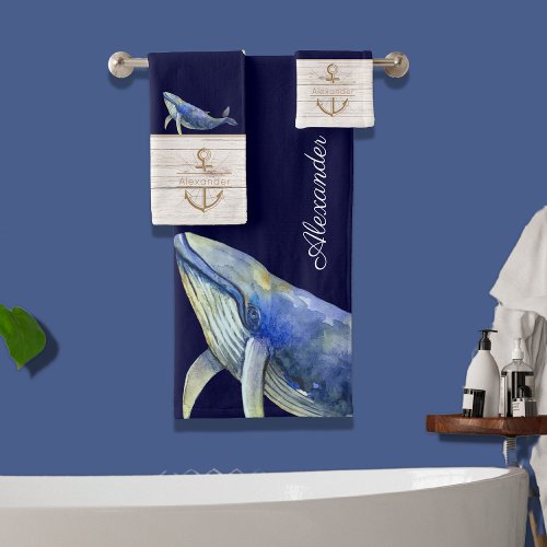 Nautical  Blue Whale Watercolor White Wood Name Bath Towel Set