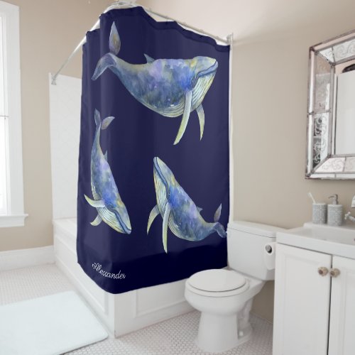 Nautical  Blue Whale Watercolor White Wood Name  Shower Curtain