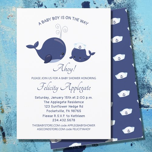 Nautical Blue Whales Ahoy Boy Baby Shower Invitation