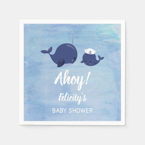 Nautical Blue Whales Ahoy Boy Baby Shower Napkins