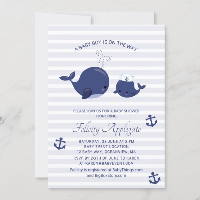 Nautical Blue Whales Anchors Boy Baby Shower Invitation (Front)