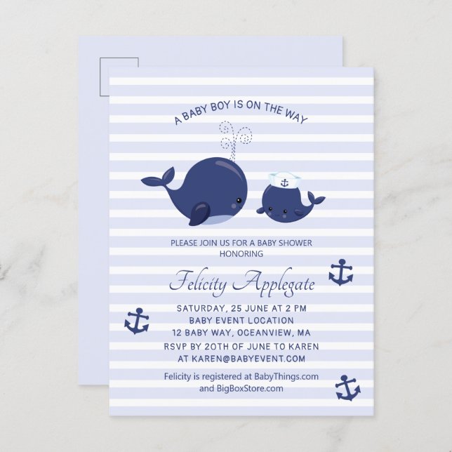 Nautical Blue Whales Anchors Boy Baby Shower Invitation Postcard (Front/Back)