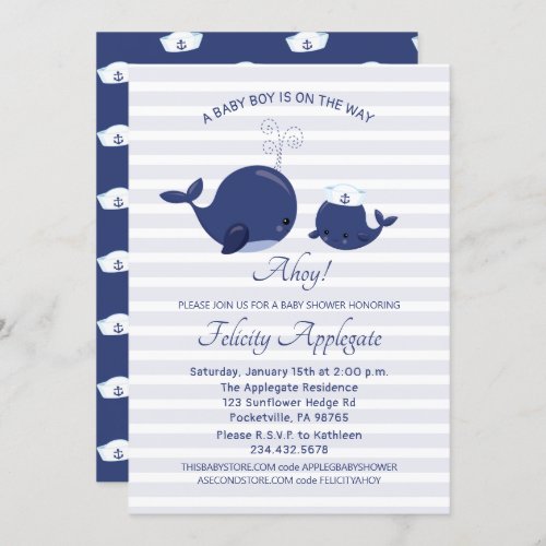 Nautical Blue Whales Boy Baby Shower Invitation