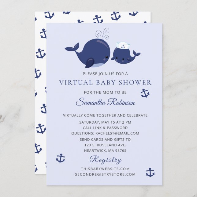 Nautical Blue Whales Virtual Baby Shower Invitation (Front/Back)