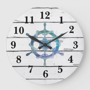 Nautical Blue Wheel Ship Rustic Decor Large Clock