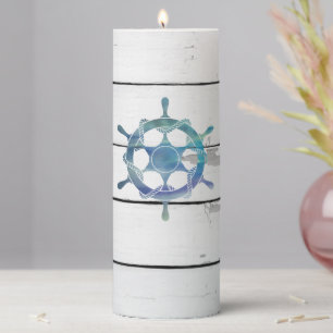 Nautical Blue Wheel Ship Rustic Decor Pillar Candle