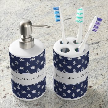 Nautical Blue & White Anchor And Ship's Wheel Bathroom Set by suchicandi at Zazzle