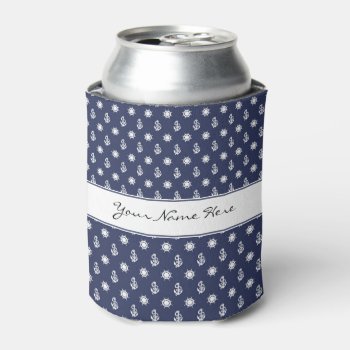 Nautical Blue & White Anchor And Ship's Wheel Can Cooler by suchicandi at Zazzle