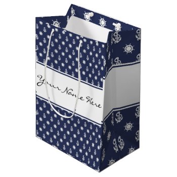 Nautical Blue & White Anchor And Ship's Wheel Medium Gift Bag by suchicandi at Zazzle