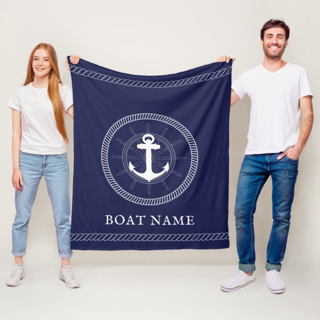 Nautical blue white Anchor Custom Fleece Blanket (In Situ)
