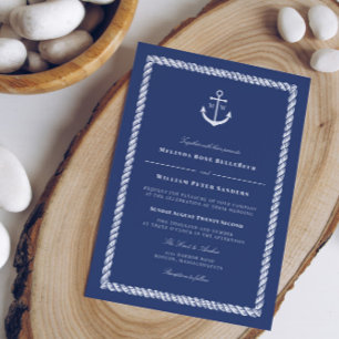 Nautical Blue White Anchor Monogram Wedding Invitation