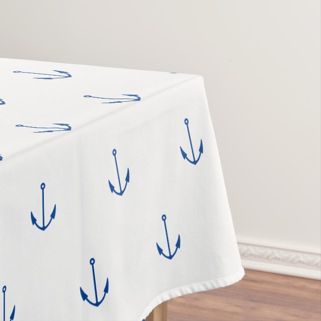Nautical blue white anchor pattern modern summer tablecloth (In Situ)