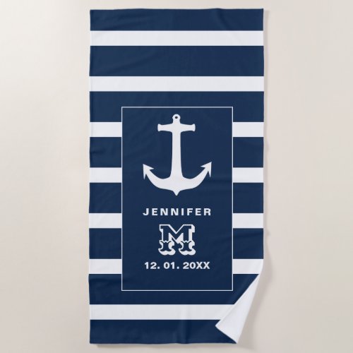 Nautical blue White Anchor Personalized Monogram Beach Towel